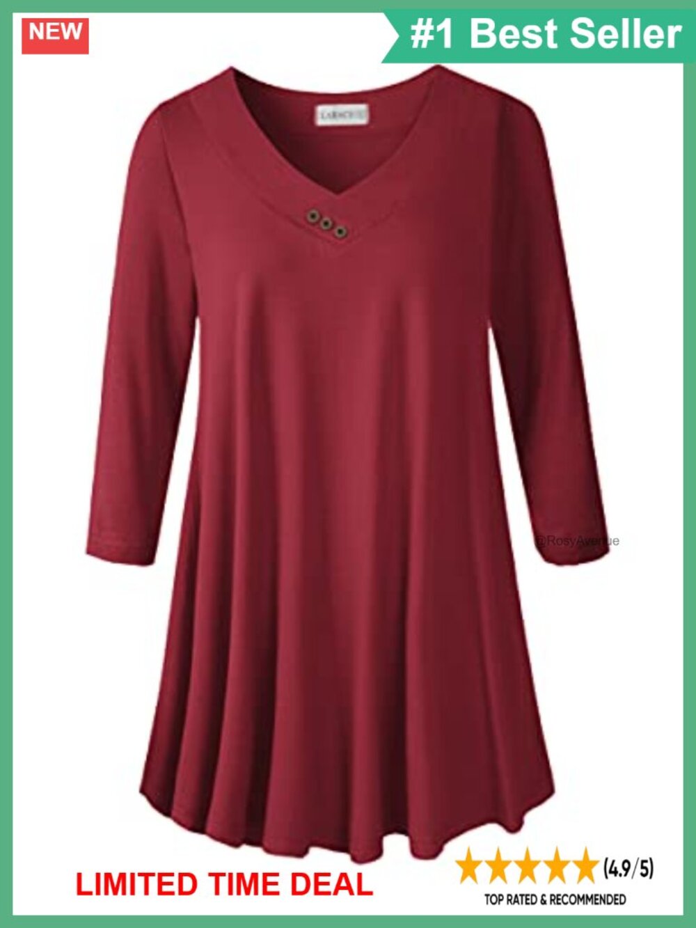 Plus Size Tunic Top 3/4 Sleeve V Neck Flowy Loose Shirt